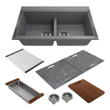 Bocchi 34" Undermount Double Bowl Composite Workstation Kitchen Sink with Covers in Concrete Gray - 1618-506-0126HP