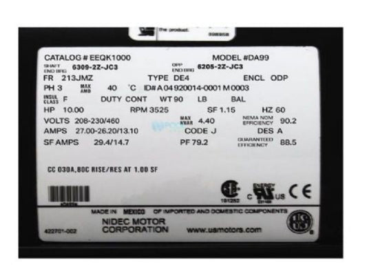 U.S. Motors EEQK1000 Definite Purpose Three Phase ODP Horizontal - Footed Motor - EEQK1000