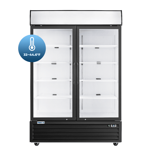 Frigos Merchandiser Refrigerator 54" Width Black Swing Glass 2 Door with LED Lighting Frigos FG-MR-2D-G with Aluminum Interior with 304 Stainless Steel Floor - FG-MR-2D-G