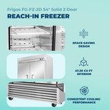 Frigos Commercial Reach in Freezer 54" Width Solid 2 Door 47 Cu Ft Frigos FG-FZ-2D with Aluminum Interior with 304 Stainless Steel Floor - FG-FZ-2D