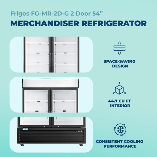 Frigos Merchandiser Refrigerator 54" Width Black Swing Glass 2 Door with LED Lighting Frigos FG-MR-2D-G with Aluminum Interior with 304 Stainless Steel Floor - FG-MR-2D-G