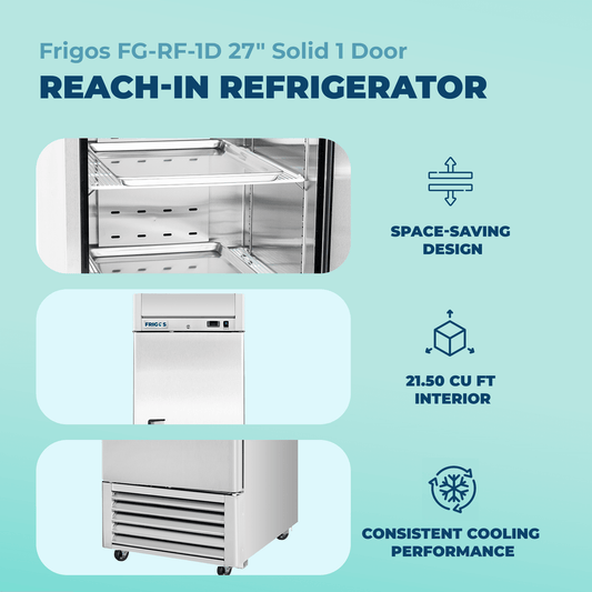 Frigos Commercial Reach in Freezer 27" Width Solid 1 Door 21 Cu Ft Frigos FG-FZ-1D with Aluminum Interior with 304 Stainless Steel Floor -  FG-FZ-1D