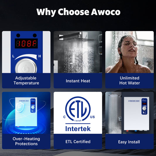 Awoco Electric Tankless Water Heater, 208-240V, Instant Heat – WH-EL18K