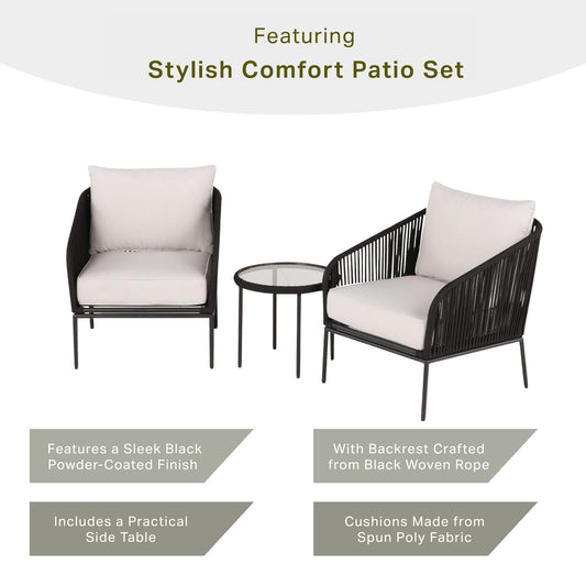 Four Seasons Courtyard 3 Piece Chat Set with Woven Rope Design, Black - 396129