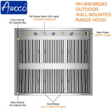 Awoco 42” Outdoor BBQ Vent Hood, 2000 CFM, Dual Blowers, LED Lights - AWC-RH-WM-BBQ42