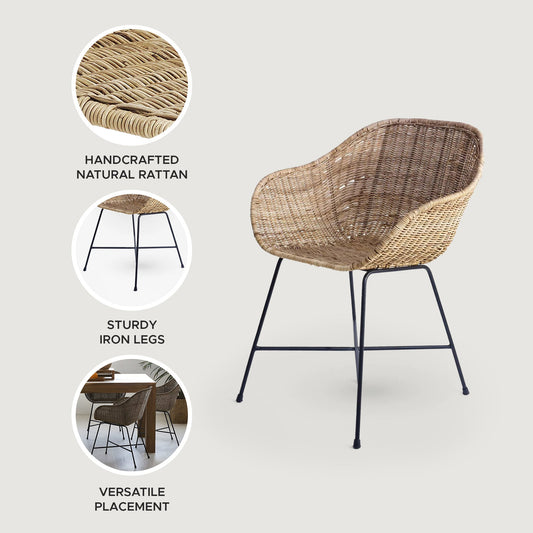 texxture Ormond Woven Rattan Dining Chair Metal Legs for Home Furniture, Natural - 414538