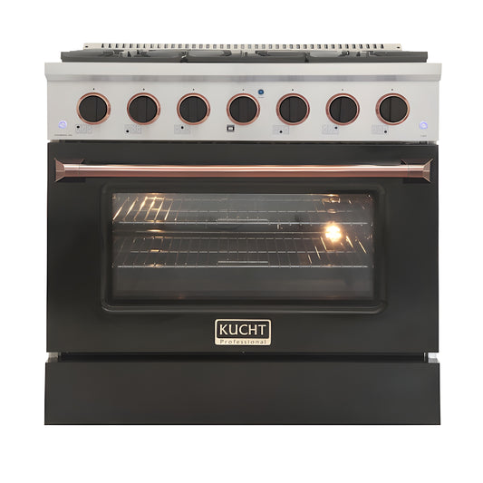 Kucht 36" Pro-Style Propane Gas Dual Fuel Range in Black with Rose Gold Accents - KDF362/LP-K-ROSE