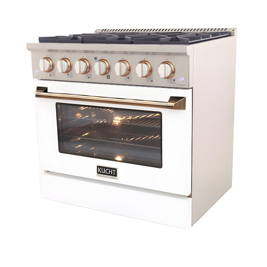Kucht Signature 36 In. 5.2 cu ft. Natural Gas Range with White Door and Gold Accents - KNG361-W-GOLD