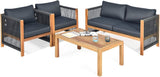 Tangkula Outdoor Wood Furniture Set, Acacia Wood Frame Loveseat Sofa, 2 Single Chairs and Coffee Table - HW63868RE
