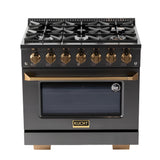 Kucht Gemstone Professional 36" 5.2 cu. ft. Dual Fuel Range in Titanium Stainless Steel with Gold Accents - KED364