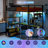 HomCom Twin Size with L-Shaped Desk, LED Lights, Charging Station, for Teens Adults, Twin Loft - B0DRJ5SBHF