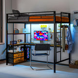 HomCom Twin Size with L-Shaped Desk, LED Lights, Charging Station, for Teens Adults, Twin Loft - B0DRJ5SBHF