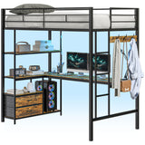 HomCom Twin Size with L-Shaped Desk, LED Lights, Charging Station, for Teens Adults, Twin Loft - B0DRJ5SBHF