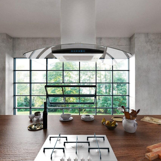 Elica - CINGOLI - Techne - 36" W x 25 3/16" D x 1 15/16" H, 600 CFM, Stainless & Black Glass plus Clear Glass Canopy - Island Hoods -ECN636S3