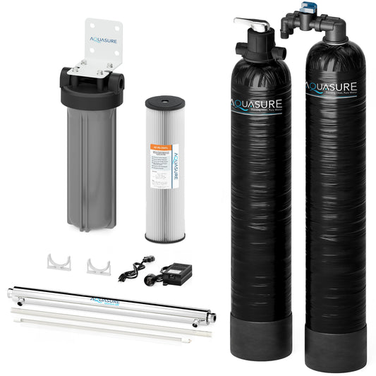Aquasure Serene Series | 10 GPM Salt-Free Conditioning, Whole House Water Treatment System, Pleated Sediment Pre-Filter and UV Purifier - AS-SF10CKU
