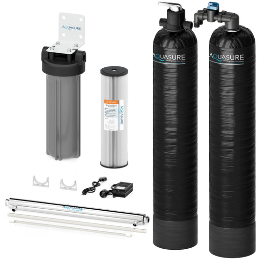 Aquasure Serene Series | 15 GPM Salt-Free Conditioning, Whole House Water Treatment System, Pleated Sediment Pre-Filter and UV Purifier - AS-SF15CKU