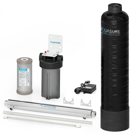 Aquasure Serene Lite 650K Gallons Salt-Free Water Conditioner Bundle with Triple Filters & UV De-Activator – AS-SF650U