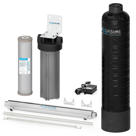 Aquasure Serene Lite 800K Gallons Whole House Salt-Free Water Softener Bundle w/ Triple Purpose Filter & UV De-Activator – AS-SF800U