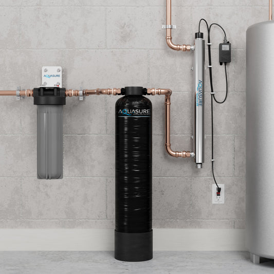 Aquasure Serene Lite 800K Gallons Whole House Salt-Free Water Softener Bundle w/ Triple Purpose Filter & UV De-Activator – AS-SF800U