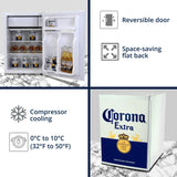 Corona Compact Bar Fridge w/ FreezerTempered Glass Shelves, Space-Saving Flat Back, Reversible Door, for Den, Dorm, Office, Home Bar - COR70-W