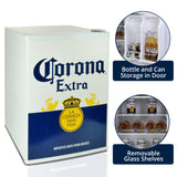 Corona Compact Bar Fridge w/ FreezerTempered Glass Shelves, Space-Saving Flat Back, Reversible Door, for Den, Dorm, Office, Home Bar - COR70-W