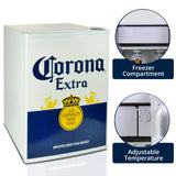Corona Compact Bar Fridge w/ FreezerTempered Glass Shelves, Space-Saving Flat Back, Reversible Door, for Den, Dorm, Office, Home Bar - COR70-W