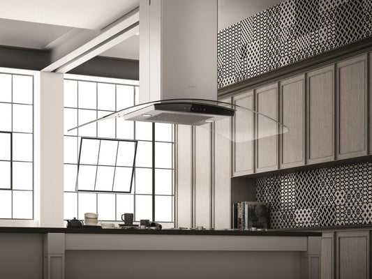 Elica - CINGOLI - Techne - 36" W x 25 3/16" D x 1 15/16" H, 600 CFM, Stainless & Black Glass plus Clear Glass Canopy - Island Hoods -ECN636S3