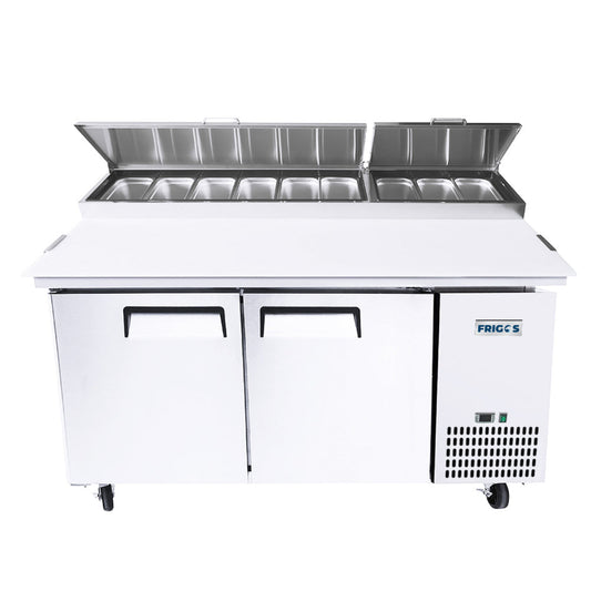 Frigos FGA-PZPT-2D-67 67" Two Solid Door Refrigerated Pizza Prep Table (9) 1/3 size pans - FGA-PZPT-2D-67