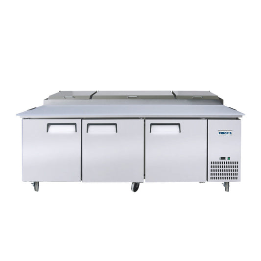 Frigos FGA-PZPT-3D-93 93" Three Solid Door Refrigerated Pizza Prep Table (12) 1/3 size pans - FGA-PZPT-3D-93