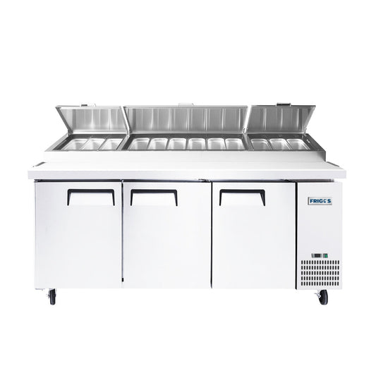 Frigos FGA-PZPT-3D-93 93" Three Solid Door Refrigerated Pizza Prep Table (12) 1/3 size pans - FGA-PZPT-3D-93