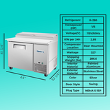 Frigos Pizza Prep Table Refrigerator 44" Width 1 Door Frigos FG-PZPT-44 with Aluminum Interior with 304 Stainless Steel Floor - FG-PZPT-44