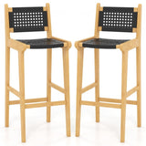 Tangkula Teak Wood Bar Chair, 30” Rattan Bar Stool with Backrest & Footrest - JV11897