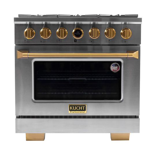 Kucht 36" 5.2 cu. ft. 6 Burner Natural Gas Dual Fuel Range in Stainless Steel with Gold Accents and Digital Thermostat - KXP36-GL
