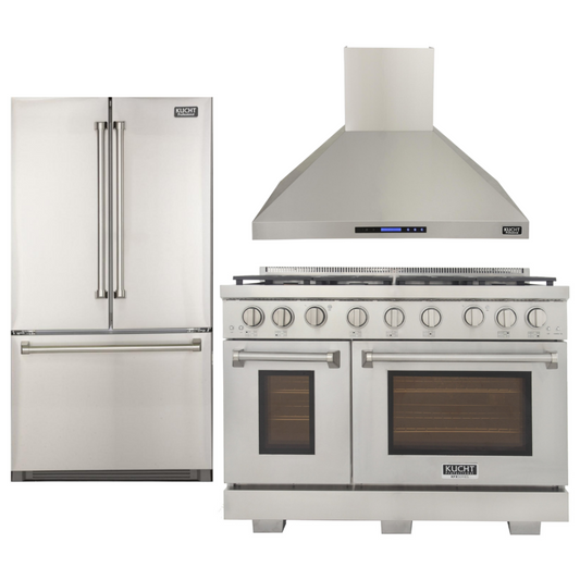 Kucht Appliance Package - 48 inch Natural Gas Range in Stainless Steel, Wall Range Hood, Refrigerator - AP-KFX480-4