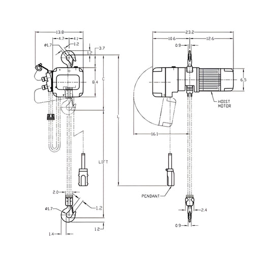 Harrington NER010L Electric Chain Hoist 1 Ton Capacity with 10FT Chain Fall - New Surplus - Harrington NER010L