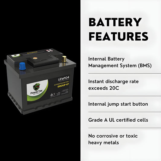 PowerTex 2021 Volkswagen Jetta L4 1.4LReplacement Car Battery BCI Group 47 Lithium LiFePO4 Automotive Powertex Battery - PTLG47-087