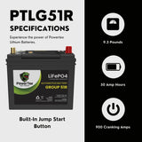 PowerTex Batteries BCI Group 51R Lithium LiFePO4 Automotive Battery - PTLG51R