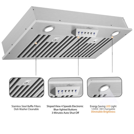 Awoco RH-IT06-M 14-1/2" Stainless Steel Range Hood, 4 Speeds, 800CFM