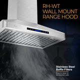 Awoco RH-WT Wall Mount Stainless Steel Range Hood, 4 Speeds, 6” Round Top Vent, 900CFM, 2 LED Lights, with Remote Control - RH-WT-30