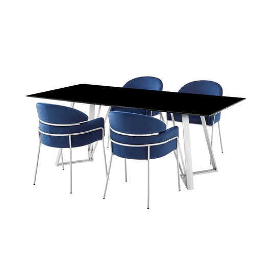 iDeal Cressida/Portia Stunning 5-Piece Dining Set with Glass Top & Stainless Steel Frame for Modern Homes - SETCSDI5PTBLU