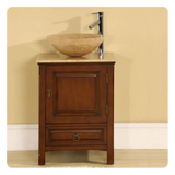 Silkroad Exclusive 22" Single Sink American Chestnut Bathroom Vanity With Travertine Countertop and Travertine Round Vessel Sink - HYP-0158-T-22_S29B