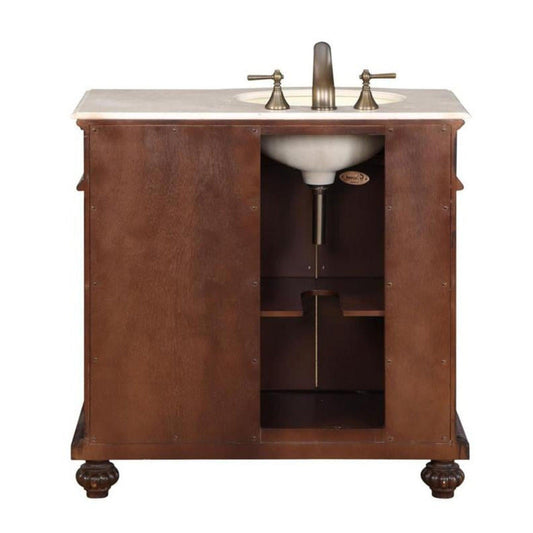 Silkroad Exclusive 36" Left Sink Bathroom Vanity, English Chestnut, Crema Marfil Marble, Ivory Ceramic Sink – HYP-0213-CM-UIC-36-L