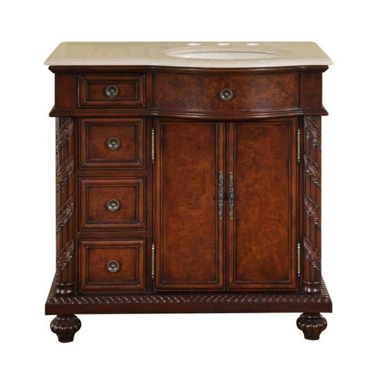 Silkroad Exclusive 36" Left Sink Bathroom Vanity, English Chestnut, Crema Marfil Marble, Ivory Ceramic Sink – HYP-0213-CM-UIC-36-L