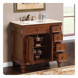 Silkroad Exclusive 36" Left Side Single Sink Vermont Maple Bathroom Vanity With Crema Marfil Marble Countertop and White Ceramic Undermount Sink