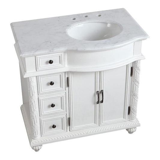 Silkroad Exclusive 36" Right Sink Vanity, Carrara Marble, Antique White – V0213WW36R