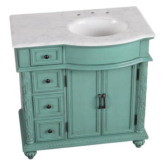 Silkroad 36" Single Right Sink Vintage Green Vanity with Carrara White Marble Countertop & Ceramic Undermount Sink - V0213NW36R