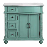 Silkroad 36" Single Right Sink Vintage Green Vanity with Carrara White Marble Countertop & Ceramic Undermount Sink - V0213NW36R