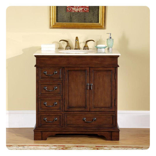 Silkroad 36" Single Sink Vanity, English Chestnut, Crema Marfil Marble - HYP-0212-CM-UIC-36
