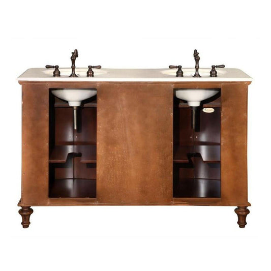 Silkroad 55" Double Sink American Chestnut Vanity with Crema Marfil Countertop & Ivory Undermount Sink - HYP-0719-CM-UIC-55