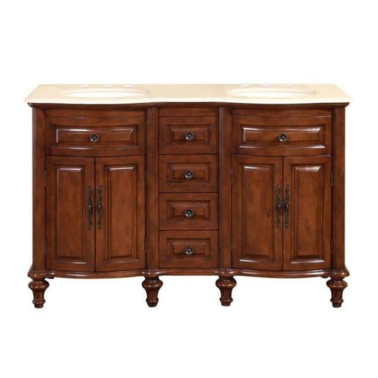 Silkroad 55" Double Sink American Chestnut Vanity with Crema Marfil Countertop & Ivory Undermount Sink - HYP-0719-CM-UIC-55